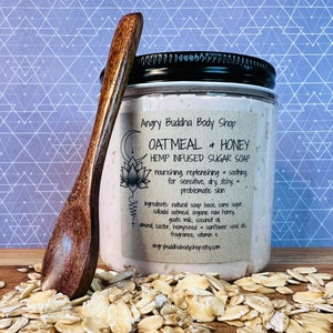 Oatmeal, Milk and Honey Sugar Soap, Soap Scrub, cleansing scrub, with wooden spoon, self care