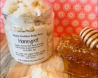 Honeypot Sugar Scrub, natural raw honey sugar scrub, body polish, exfoliate