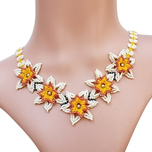 Collar floral de cuentas DIY, patrón de cuentas de semillas, tutorial de abalorios "Narciso" en PDF