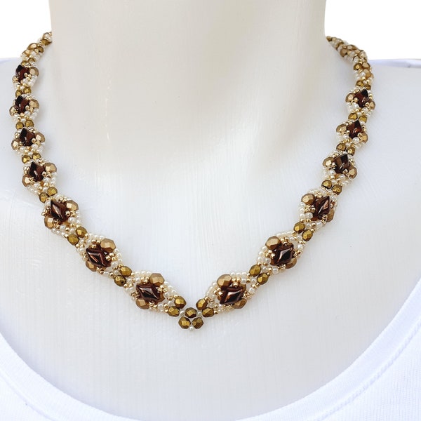Beaded Necklace Tutorial, Beading Pattern with Seed Beads and Gemduo Beads, "Adele" PDF Pattern