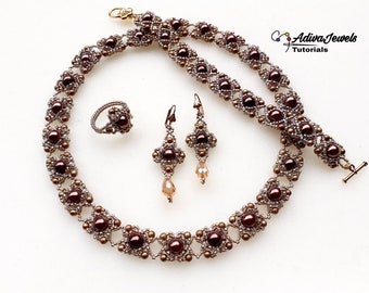 Beading Tutorial for Necklace, Bracelet, Earrings and Ring, DIY Pearl Beads Jewelry, &quot;Majestic&quot; PDF Beadwork Pattern (English)