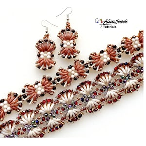 May include: A set of beaded earrings and a bracelet featuring a floral design with brown, white, and gold beads. The earrings are dangle style and the bracelet is a delicate chain.