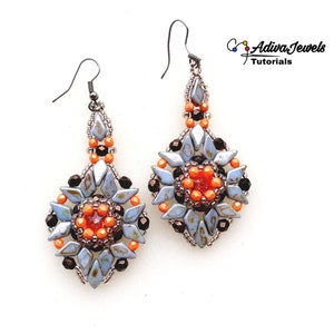 May include: A pair of dangle earrings featuring a central orange bead surrounded by light blue diamond-shaped beads and dark brown accents. The earrings have silver-toned hooks and include the text Adiva Jewels Tutorials in the upper right corner.