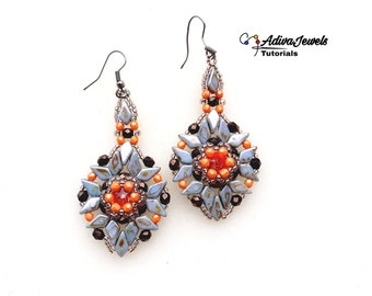 May include: A pair of dangle earrings featuring a central orange bead surrounded by light blue diamond-shaped beads and dark brown accents. The earrings have silver-toned hooks and include the text Adiva Jewels Tutorials in the upper right corner.