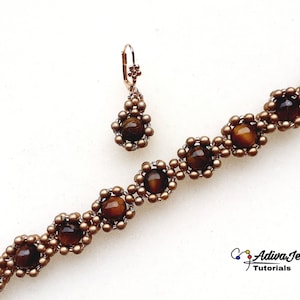 May include: A brown beaded bracelet with tiger's eye stones and matching earrings. The bracelet and earrings are made with gold-toned beads.
