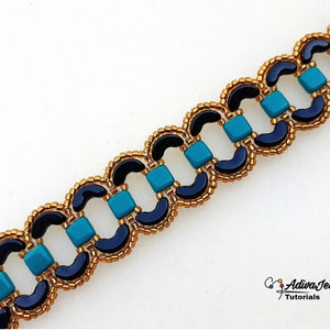 May include: A beaded bracelet featuring a repeating pattern of dark blue crescent-shaped beads and square turquoise beads, all bordered by small metallic gold seed beads. The text AdivaJewels Tutorials is printed in the bottom right corner.