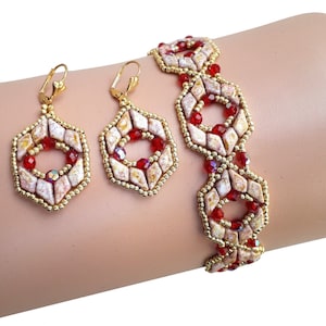 DIY Jewelry, Beadwork Tutorial, Bracelet and Earrings Pattern: Kite, Firepolish and Seed Beads