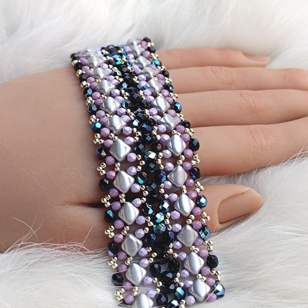Pattern for Beaded Wide Bracelet: Czech Beads and Seed Beads, "Jody" Beading Tutorial