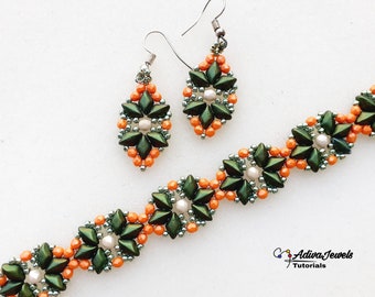 Op de afbeelding: Een paar groene en oranje kralen oorbellen en een bijpassende armband. De oorbellen en armband hebben een herhalend patroon van groene en oranje kralen die in een bloemvorm zijn gerangschikt.