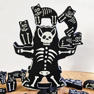 Gothic cats stacking game - Skull skeleton and black cats, Dark witchy macabre Occult weird adult party drinking balance game