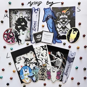 Gothic mystery bag - Spooky cute stationery set - Random postcard prints, stickers, bookmarks, magnets - Witch gift. 4 Sizes.