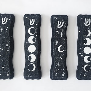 Gothic Mezuzah case - Black with stars and moon phase, Jewish witch goth gift, Judaica housewarming