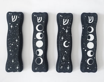 Gothic Mezuzah - Black with stars and moon phase, Jewish witch goth gift, Judaica housewarming