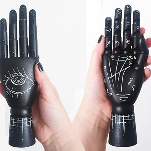 Black palmistry hand - Handpainted Poseable Mannequin, Gothic home decor, Esoteric Occult symbols zodiac signs, Ring holder - Size M