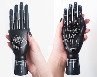 Black palmistry hand - Handpainted Poseable Mannequin, Gothic home decor, Esoteric Occult symbols zodiac signs, Ring holder - Size M