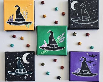 Witch Hat Mini art - Gothic, Green, Dark, Kitchen, Sparkle - Witchy canvas painting
