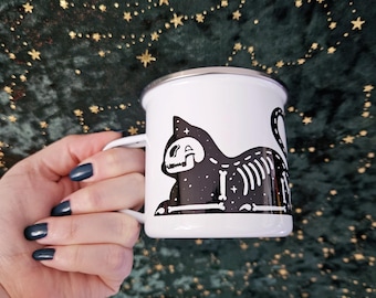 Black skeleton cats enamel mug - Creepy cute camping travel cup, cat tails heart, Gothic kitchen witch gift