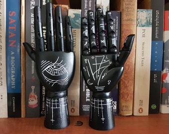 Handpainted Black palmistry hand - Poseable Mannequin, Gothic home decor, Esoteric Occult symbols zodiac signs, Ring holder - Size S