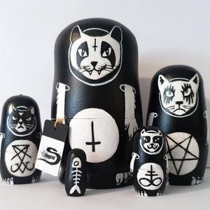Black metal cats nesting dolls - Handpainted Matryoshka set, Satanic gothic home decor, Corpse paint art