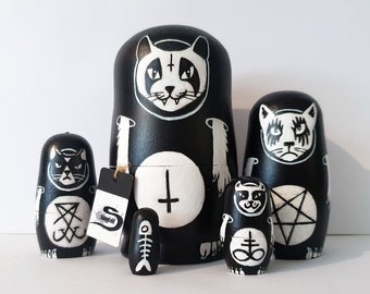 Black metal cats nesting dolls - Handpainted Matryoshka set, Satanic gothic home decor, Corpse paint art