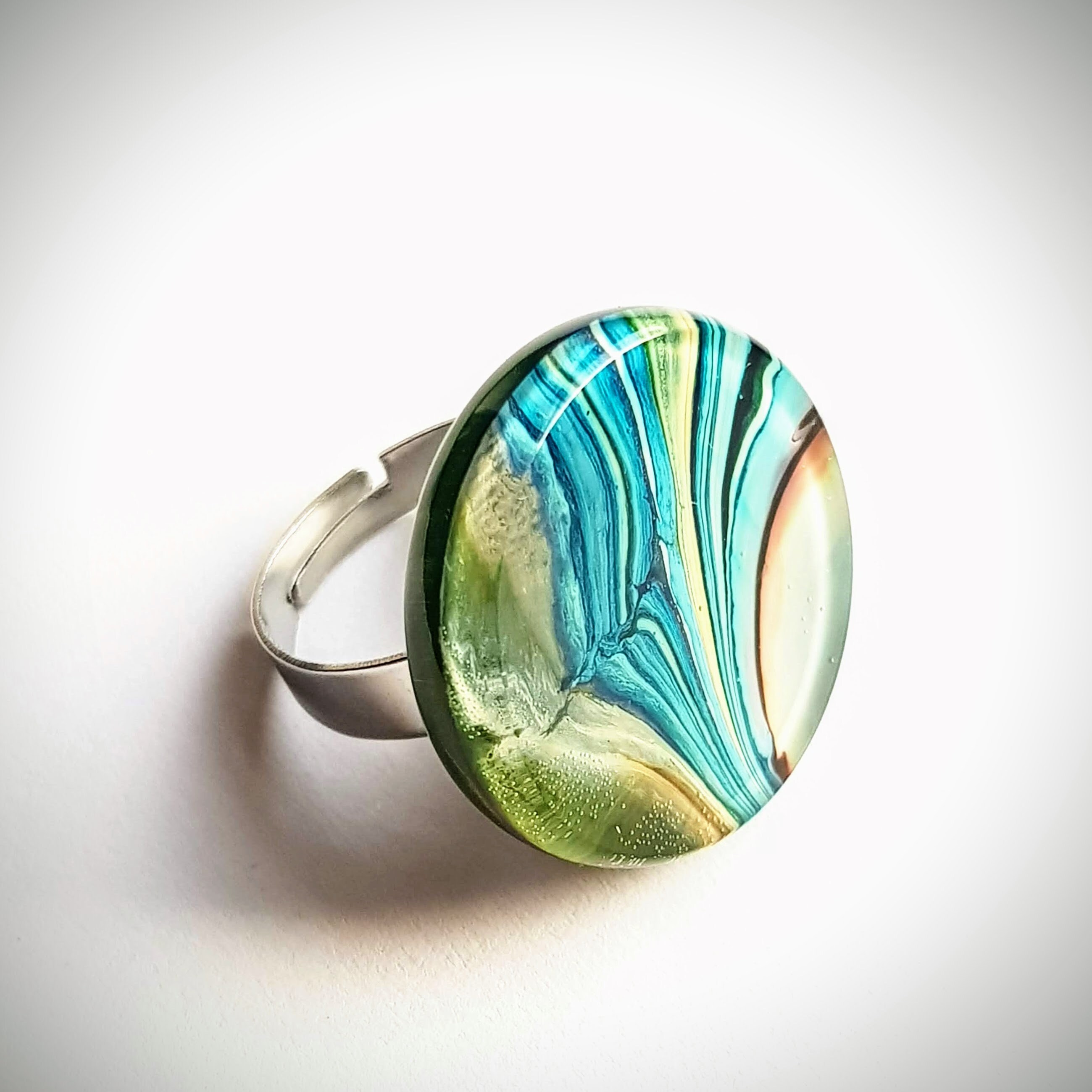 Resin Ring Adjustable size from 6 1/4 to 9 1/4 Bluegreen swirls
