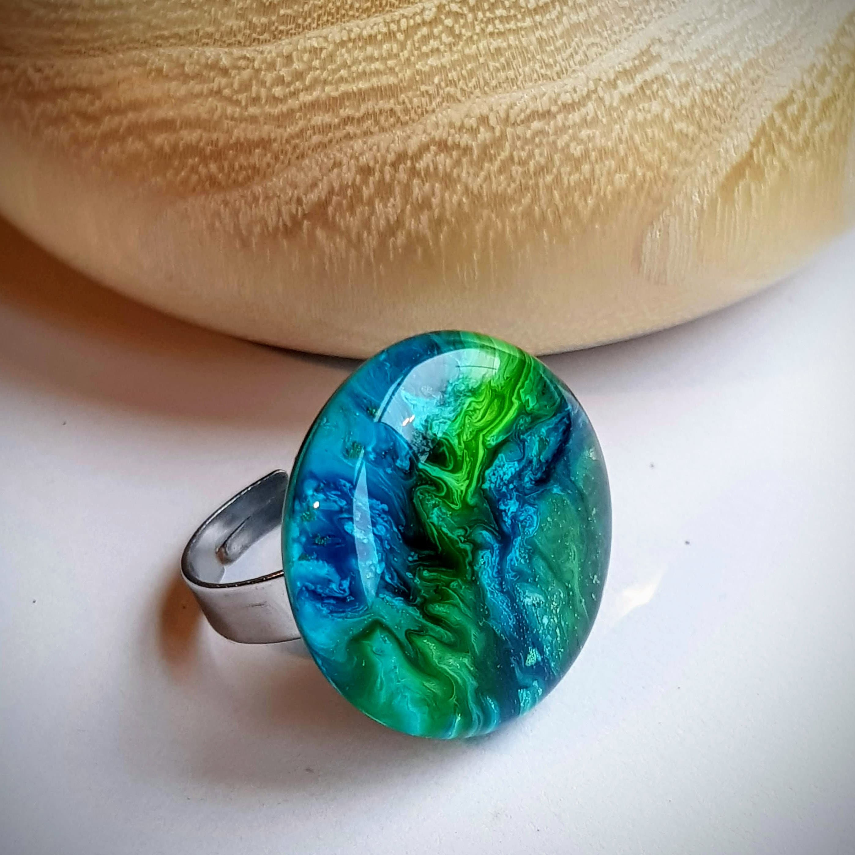 Resin Ring Adjustable size from 6 1/4 to 9 1/4 Bluegreen swirls