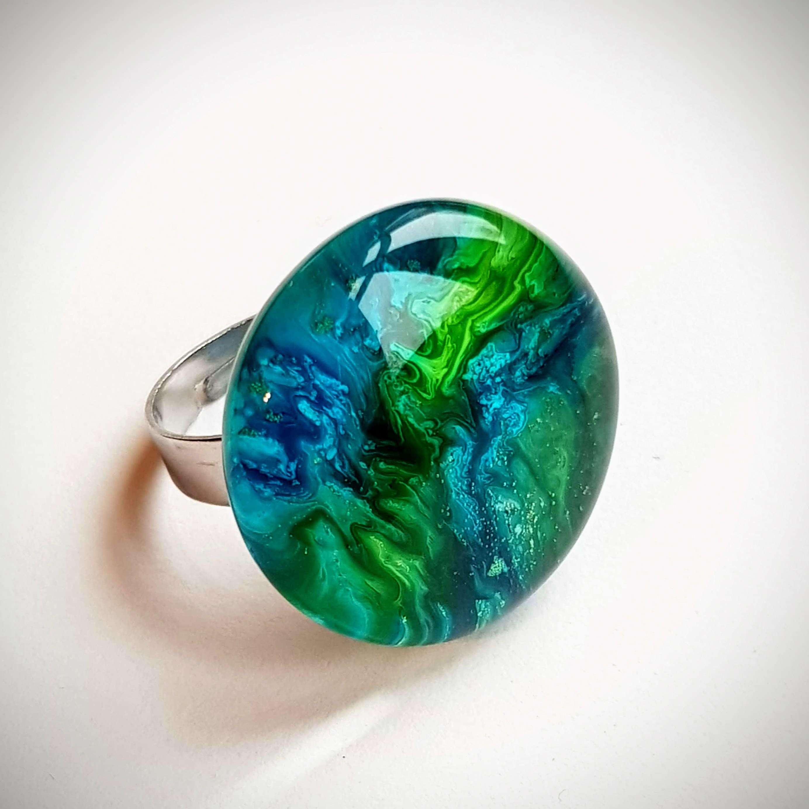 Resin Ring Adjustable size from 6 1/4 to 9 1/4 Bluegreen swirls