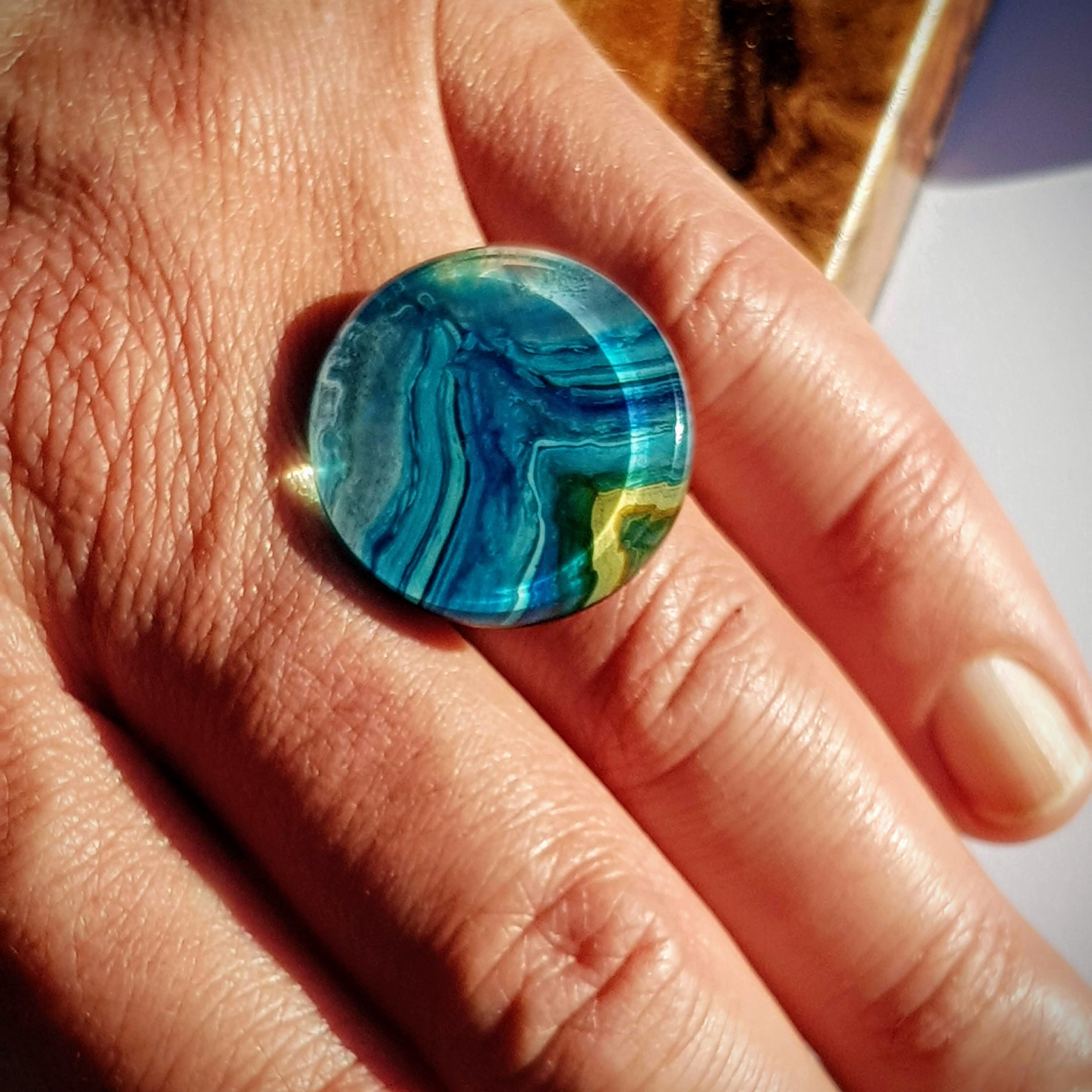 Resin Ring Adjustable size from 6 1/4 to 9 1/4 Bluegreen swirls