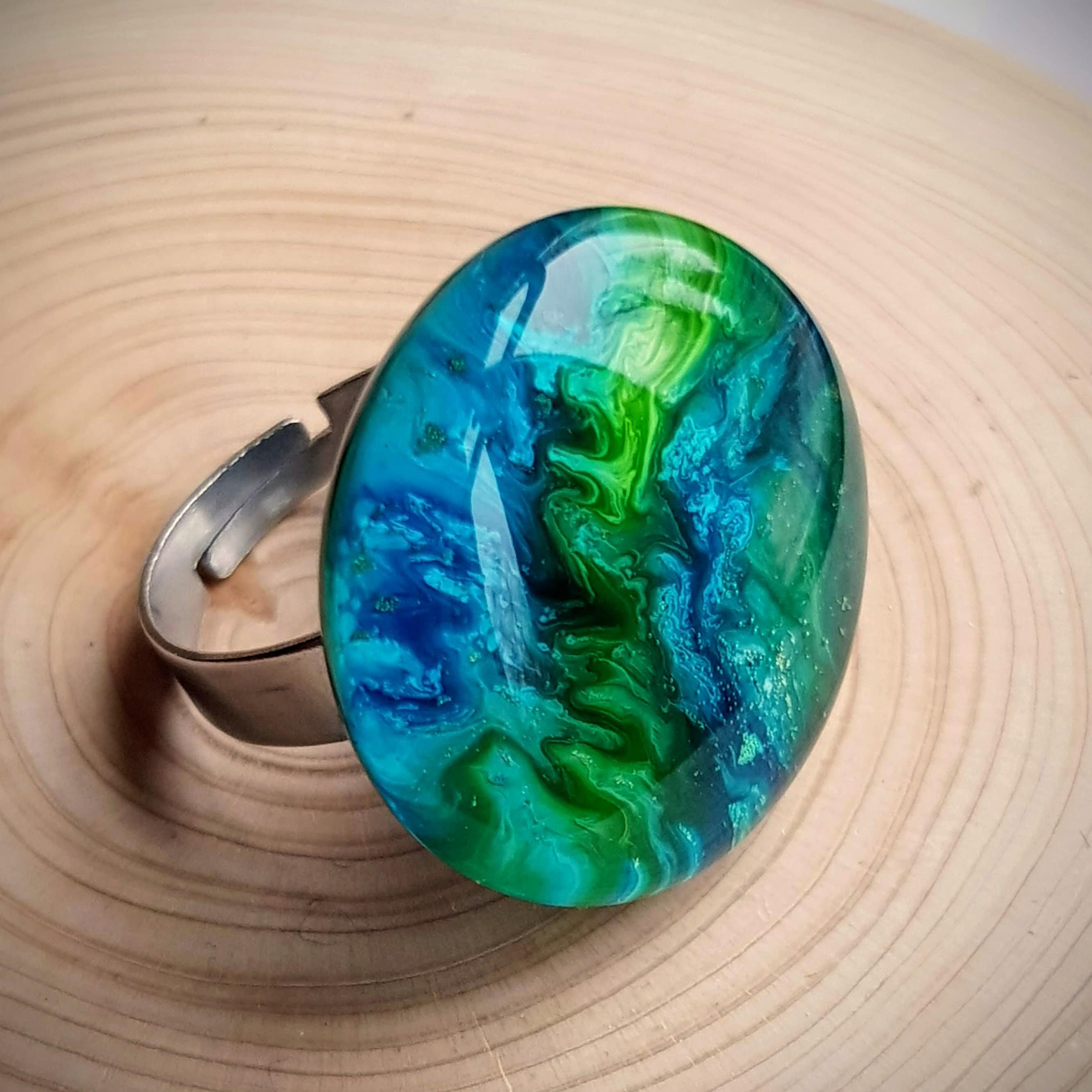 Resin Ring Adjustable size from 6 1/4 to 9 1/4 Bluegreen swirls