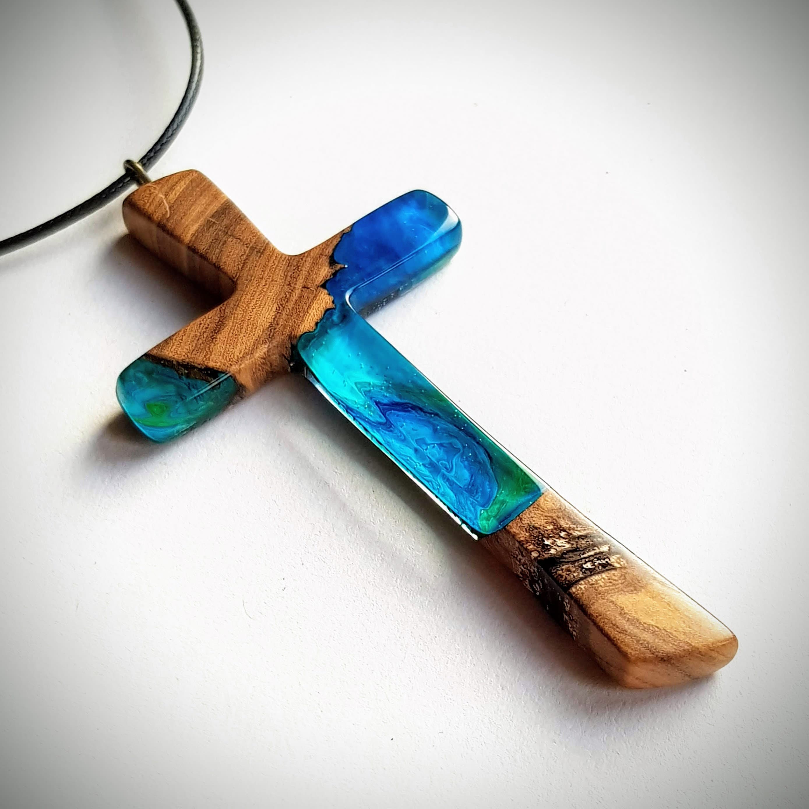 One Piece Wood Resin Cross Pendant Olive Wood Fluid art Multicolor Cross Necklace