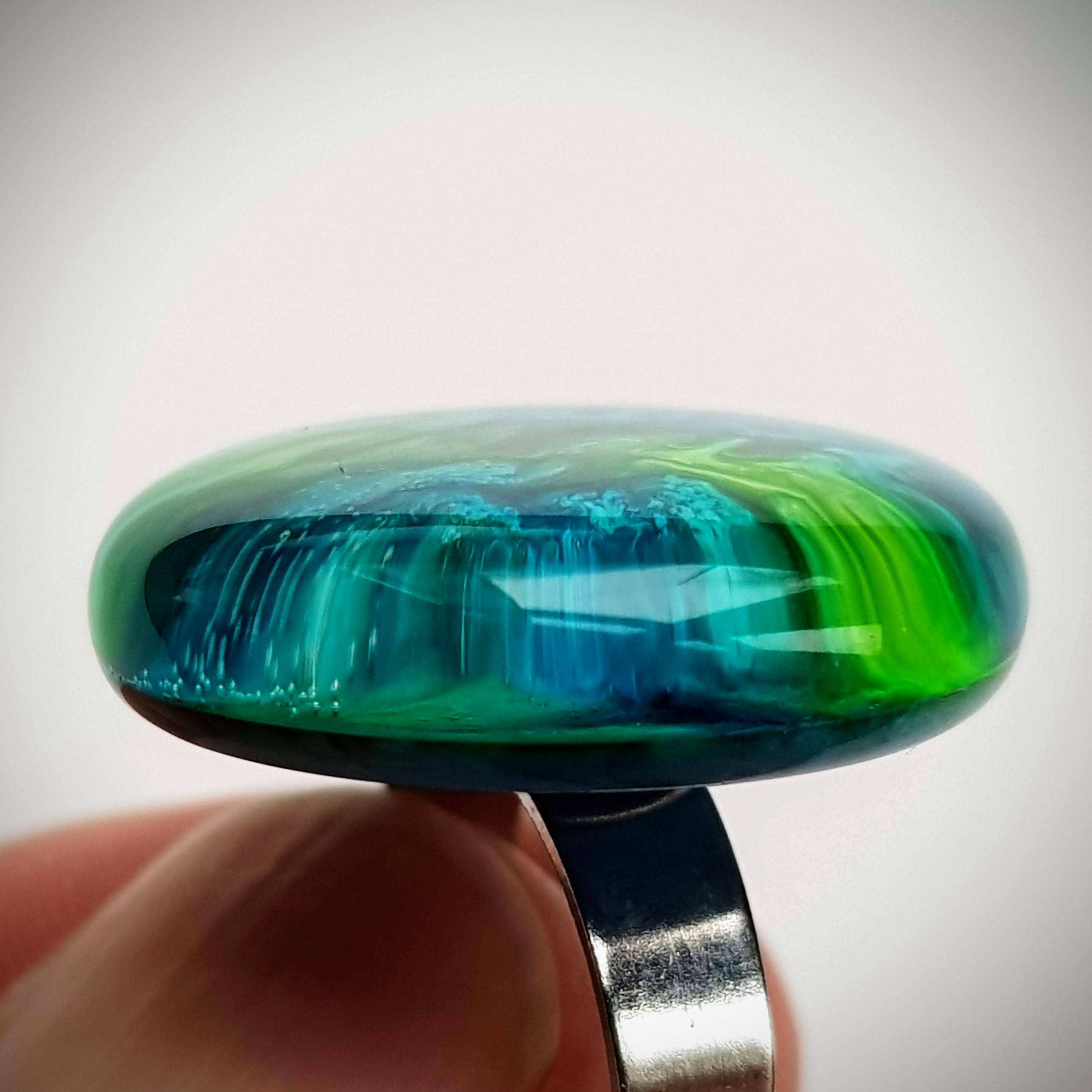 Resin Ring Adjustable size from 6 1/4 to 9 1/4 Bluegreen swirls