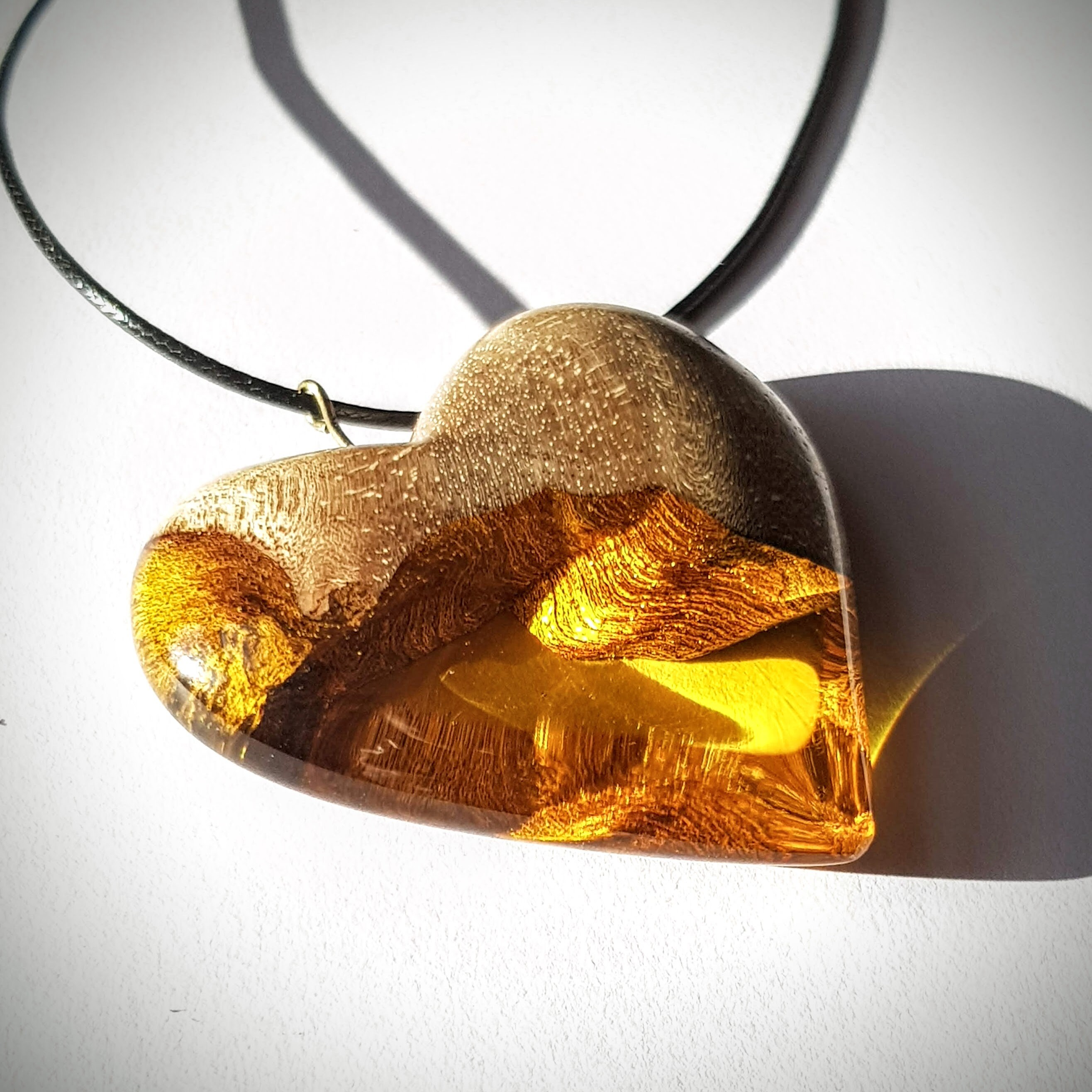 Wood Resin Pendant, Gold heart, Beachwear, Fashion Jewelry, modern