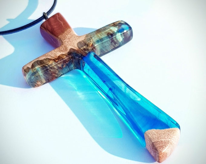 Featured listing image: One Piece Wood Resin Cross Pendant - Mallee Burl - Blue