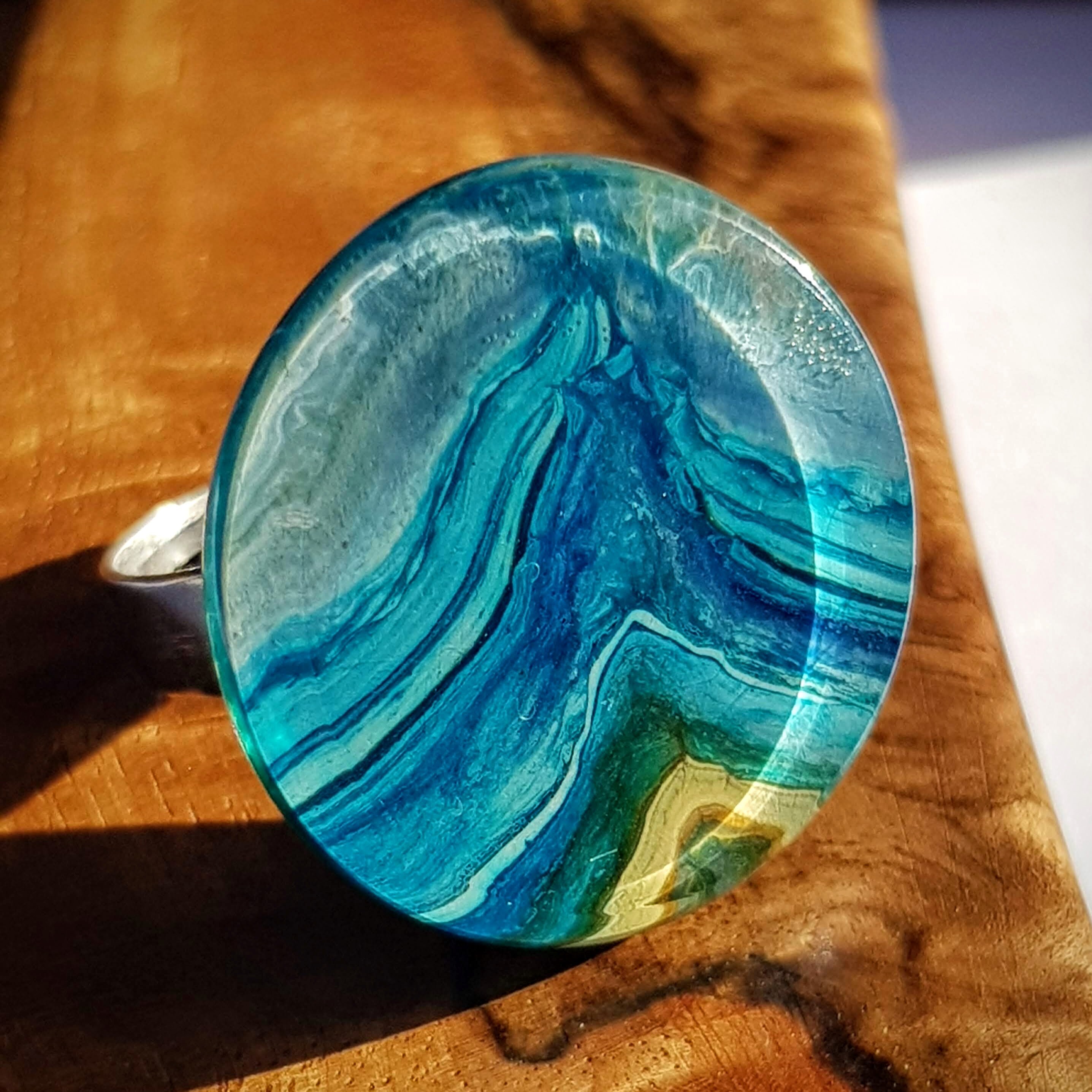 Resin Ring Adjustable size from 6 1/4 to 9 1/4 Bluegreen swirls