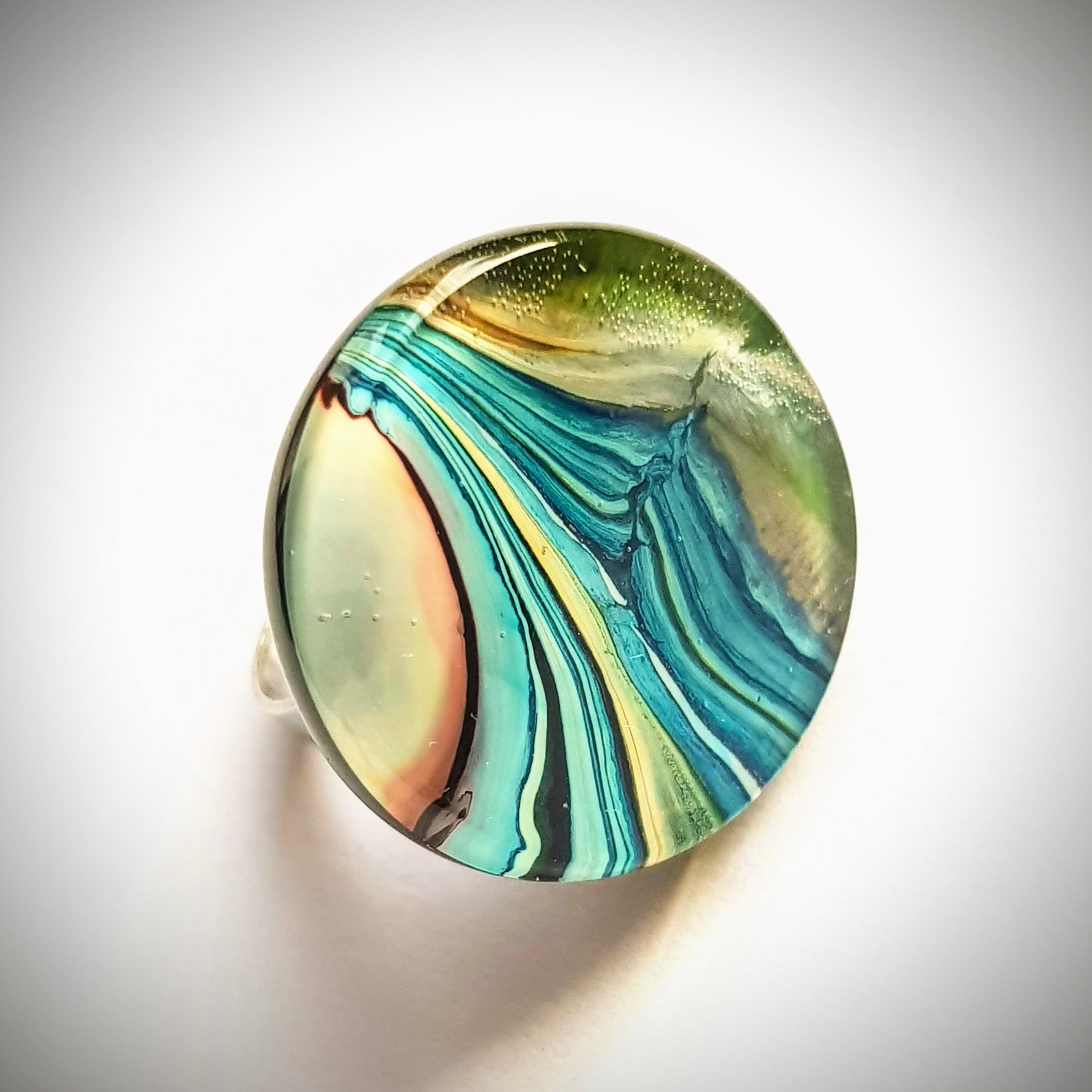 Resin Ring Adjustable size from 6 1/4 to 9 1/4 Bluegreen swirls