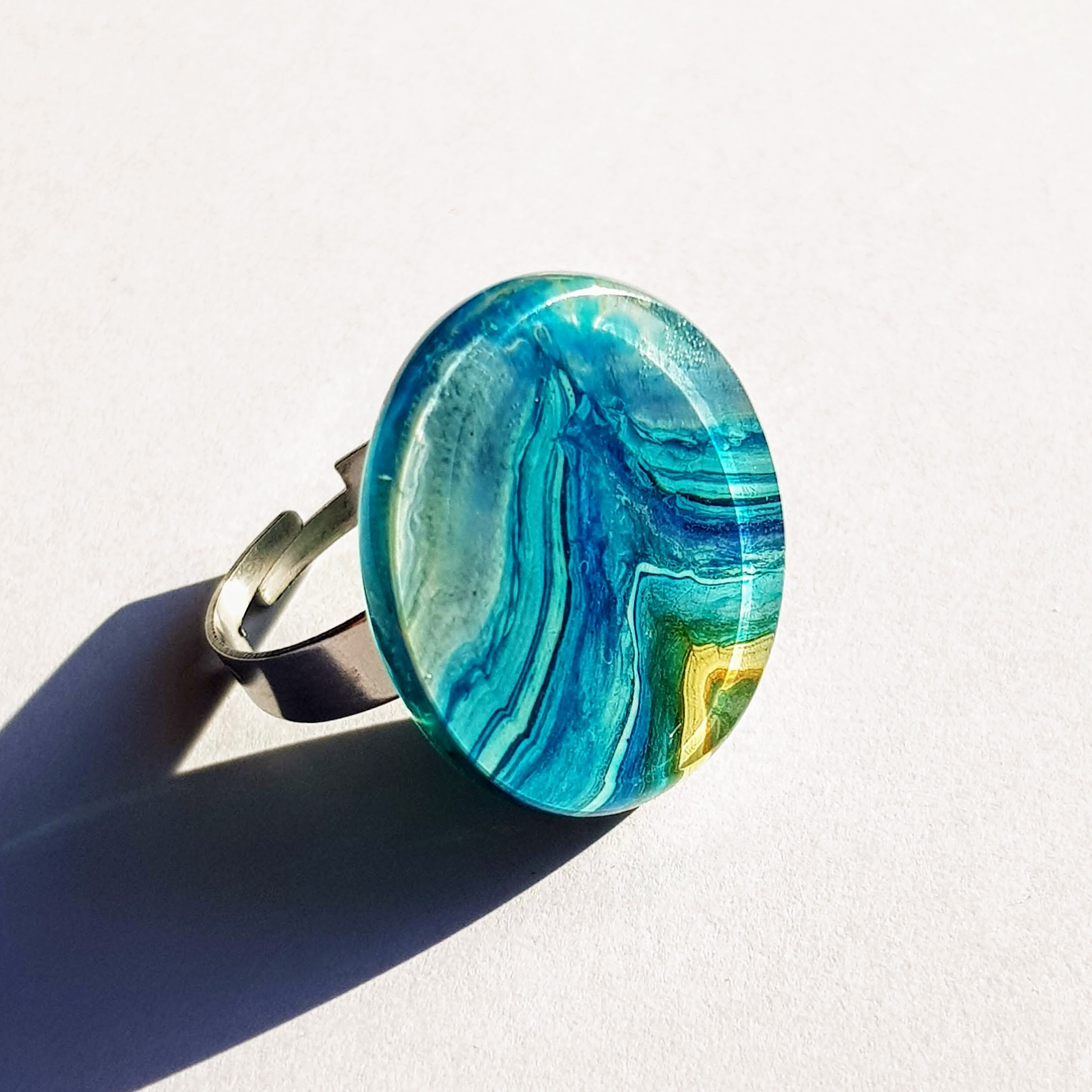 Resin Ring Adjustable size from 6 1/4 to 9 1/4 Bluegreen swirls