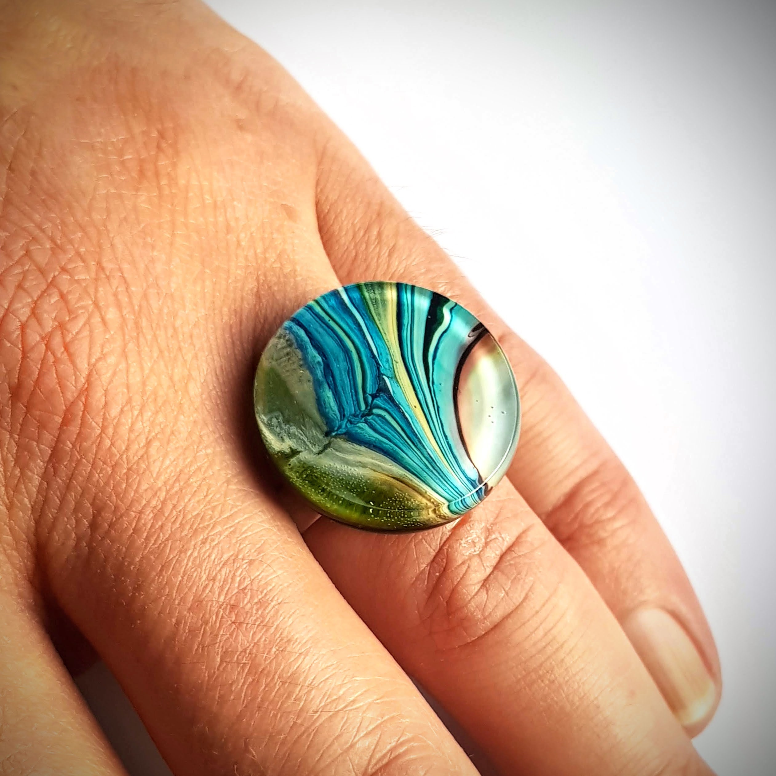 Resin Ring Adjustable size from 6 1/4 to 9 1/4 Bluegreen swirls