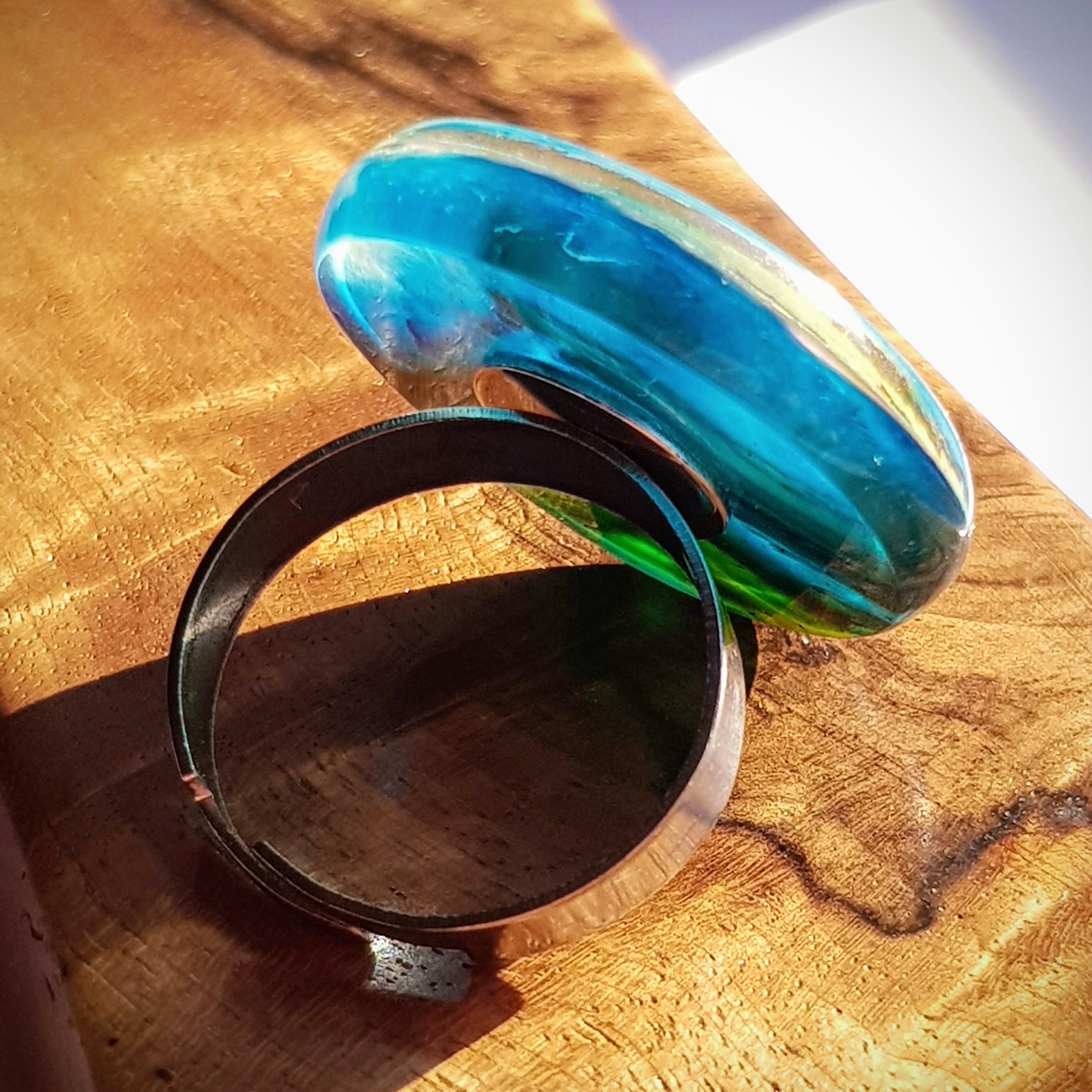 Resin Ring Adjustable size from 6 1/4 to 9 1/4 Bluegreen swirls