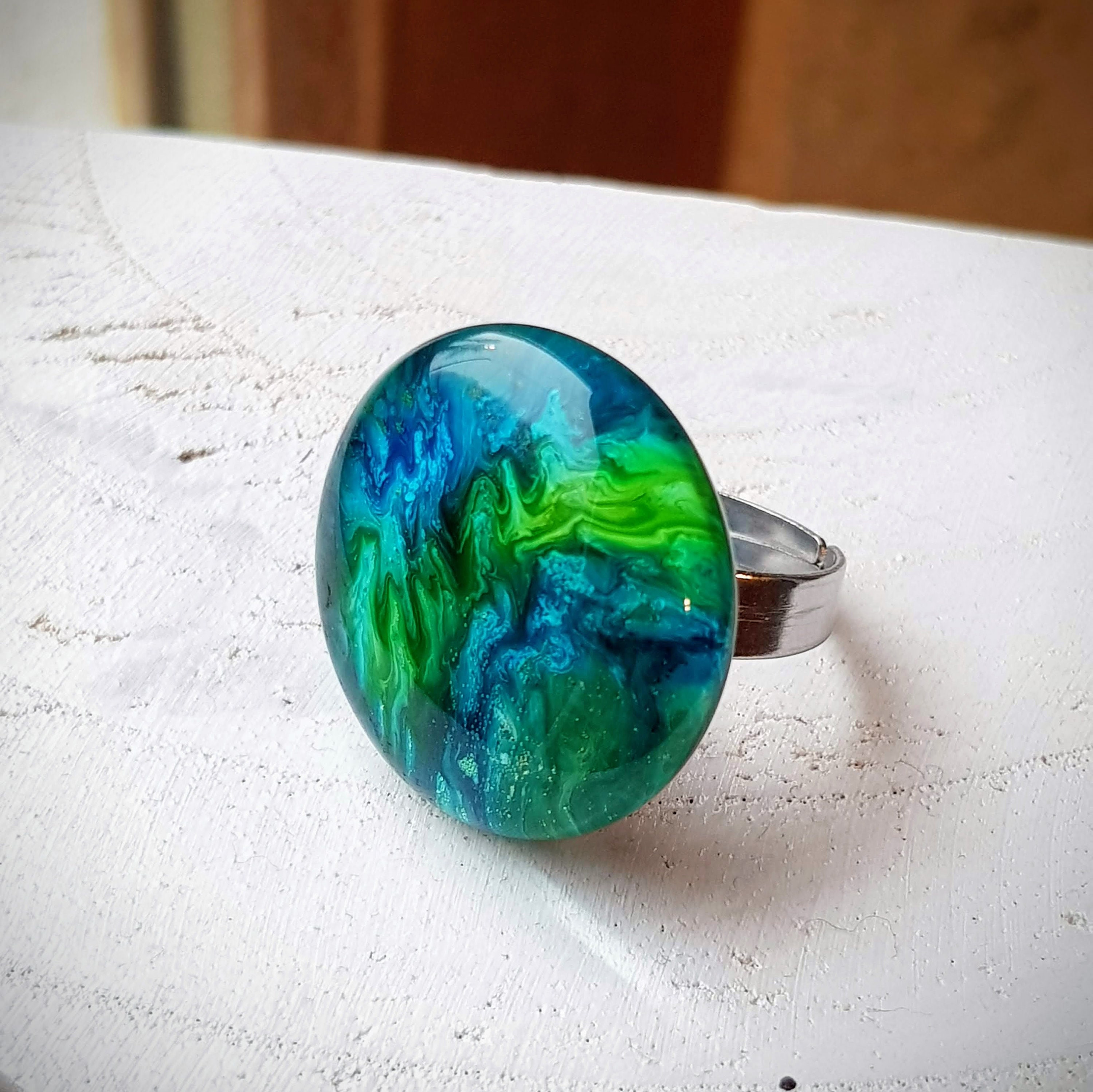 Resin Ring Adjustable size from 6 1/4 to 9 1/4 Bluegreen swirls