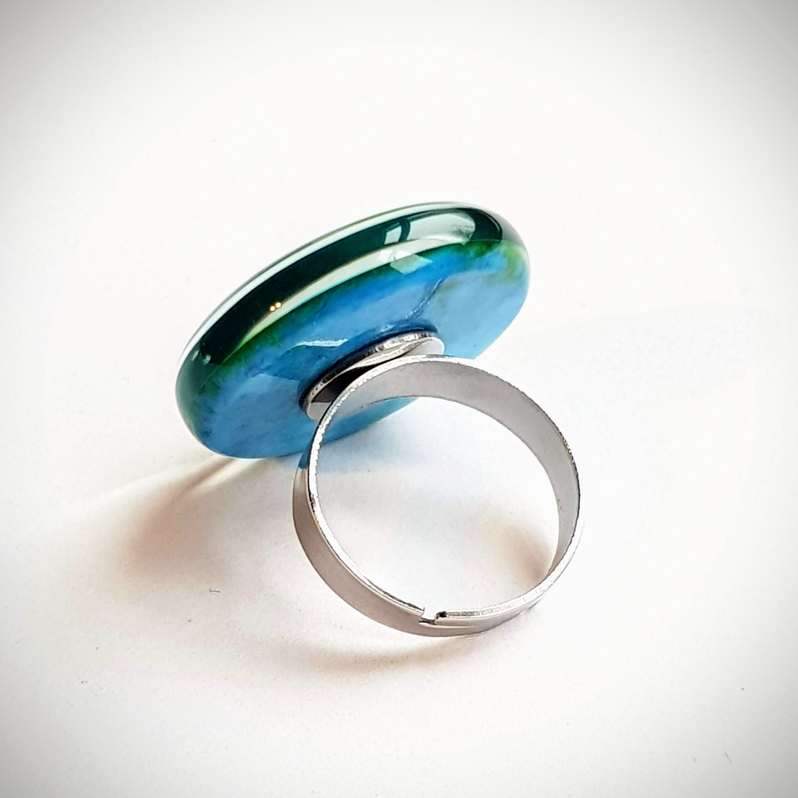Resin Ring Adjustable size from 6 1/4 to 9 1/4 Bluegreen swirls