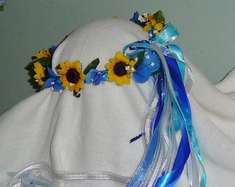 Floral Crown Sunflowers - Blue Flowers- "Summer Love" Wreath - Renaissance Wedding - Maternity Photos - Faire Wear- Hand Crafted-Custom