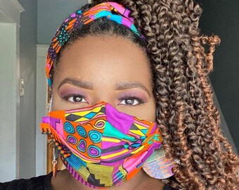 Headband/ Mask Set/ Kente Fabric/ Pink/ Purple/ Turquoise/ Orange