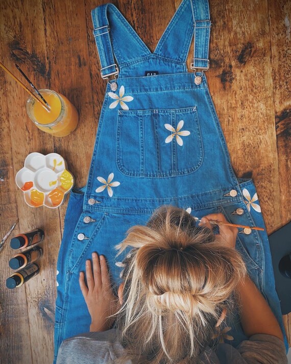 Floral Cosmos Hand Painted Denim Dungarees - Etsy