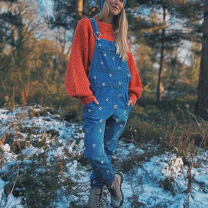 Whats Up Buttercup Floral Hand Painted Women&#39;s Overalls Denim Dungarees