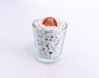 May include: A glass shot glass filled with white plastic pellets with a copper-colored US penny on top of the pellets.