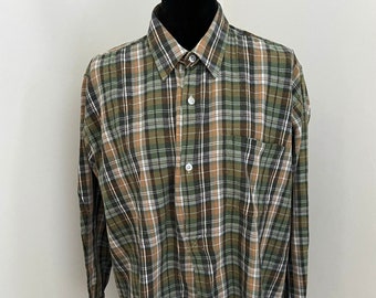 Unworn - French &#39;CLASSIC GENERATION&#39; Brown and Green Checked Brushed Pure Cotton Dipped Hem Work Shirt / Long Length Farmers Smock (XL)