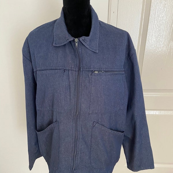 Vintage French 'BARBE BLEUE' Denim Style 'Bleu de Travail' Zip Down Chore Jacket / Work Wear / Blouson / Bomber Jacket (XL)