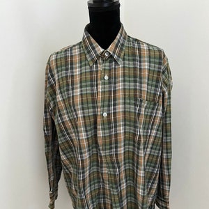 Unworn - French &#39;CLASSIC GENERATION&#39; Brown and Green Checked Brushed Pure Cotton Dipped Hem Work Shirt / Long Length Farmers Smock (XL)