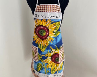 Unused - Vintage French Provence Cotton Apron / Vibrant Pinny / Provence Yellow Sunflowers Overhead Tie Back Apron (One Size)