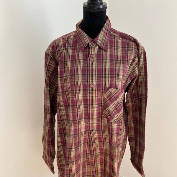 Unworn - French 'BARBE BLEUE' Purple Checked  Brushed Cotton Dipped Hem Work Shirt / Long Length Smock Farmers Shirt (XL)